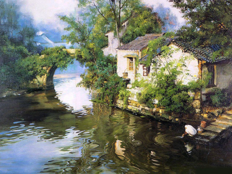 罗贯中油画江南水乡,江南水乡风景画秋色