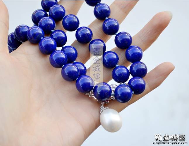 青金石珍珠天珠项链,超细青金石项链配珍珠吊坠