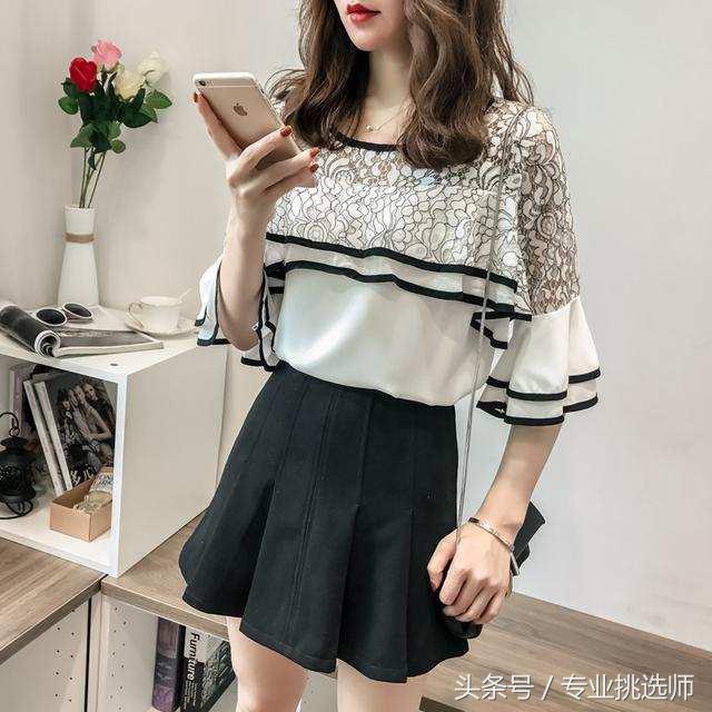 长袖雪纺衫上衣碎花时尚荷叶边,方领碎花雪纺衫荷叶边绑带短袖