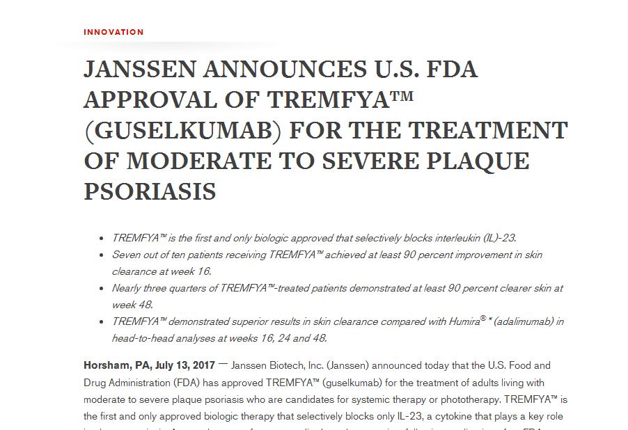 全球银屑病新药上市,强生牛皮癣新药