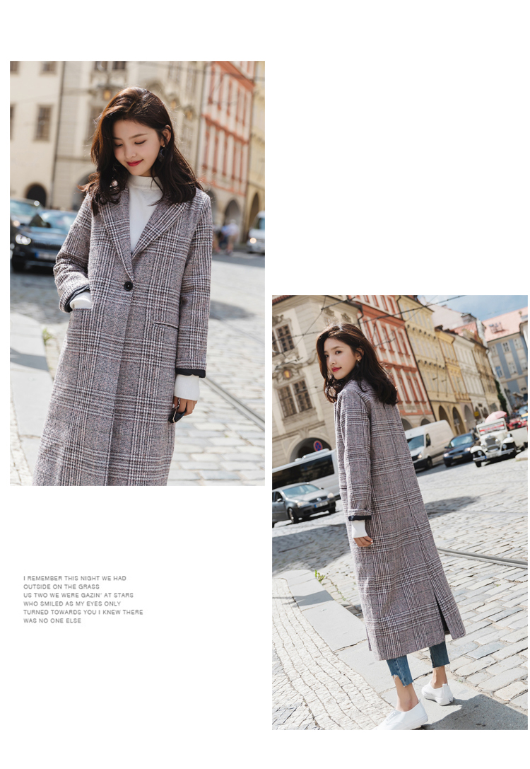 长款毛呢女外套，千鸟格加厚呢子大衣