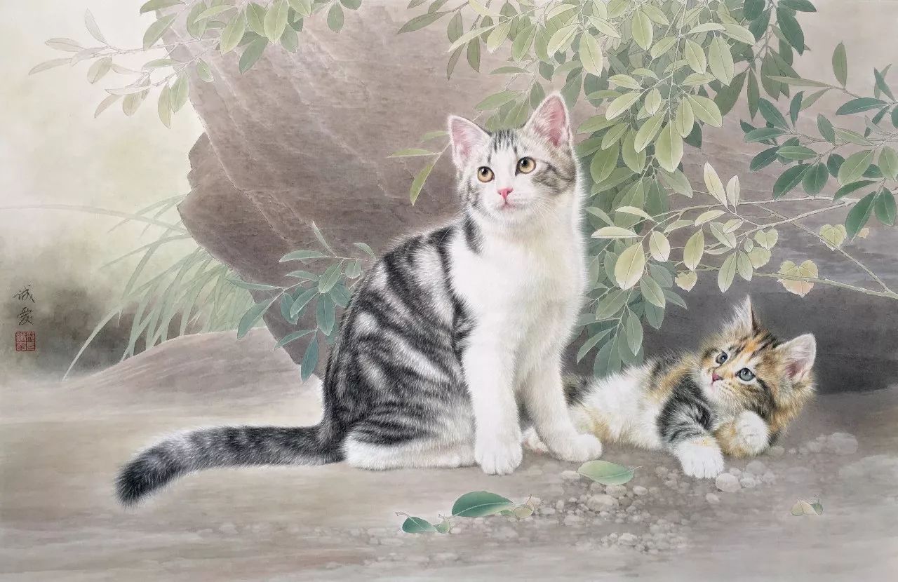 邢诚爱工笔猫扑蝶画法,邢诚爱工笔画猫白描底稿