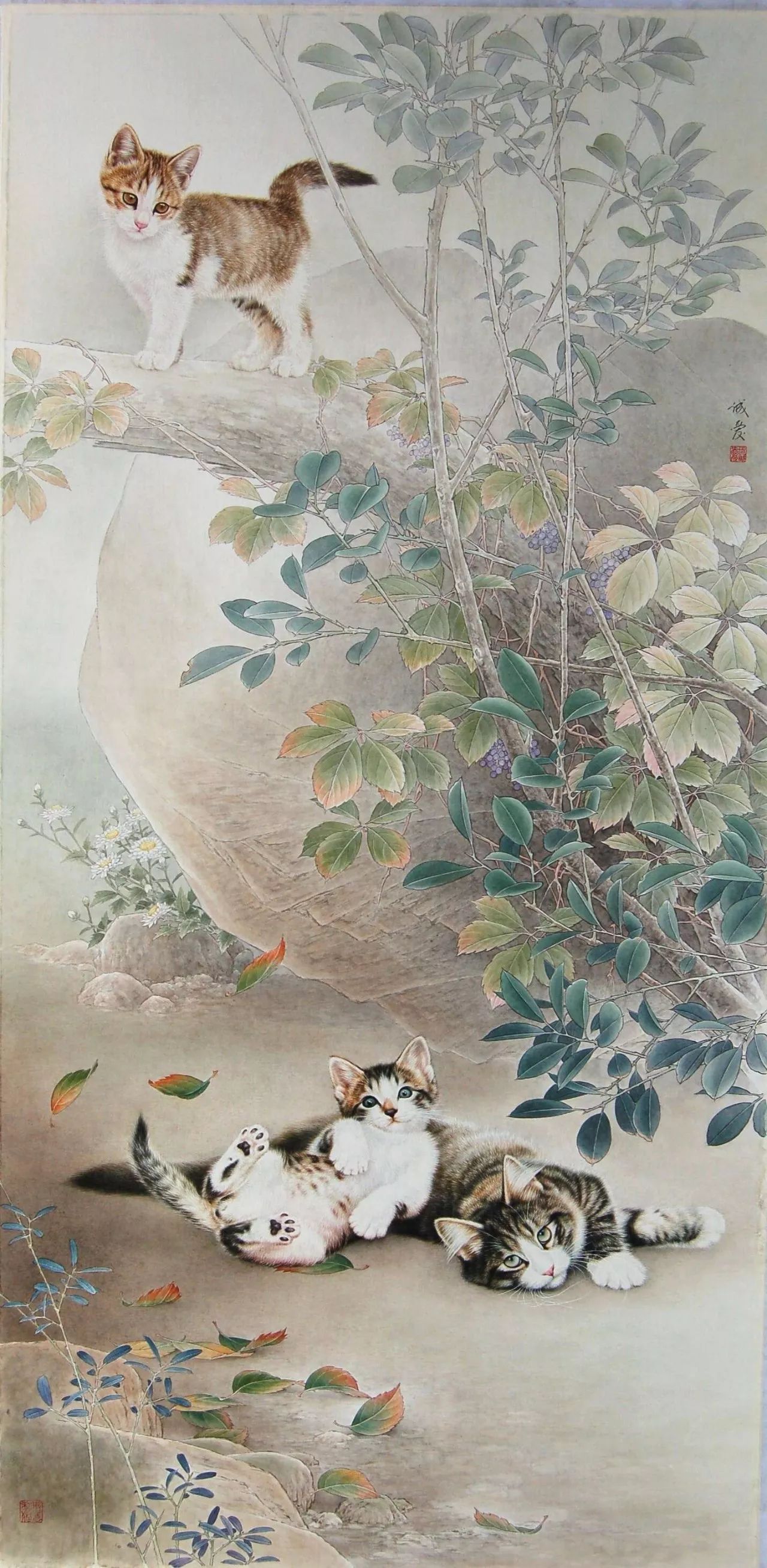 邢诚爱工笔猫扑蝶画法,邢诚爱工笔画猫白描底稿