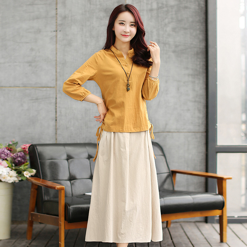 散发强大女神气场，让人过目不忘的棉麻立领中长裙套装