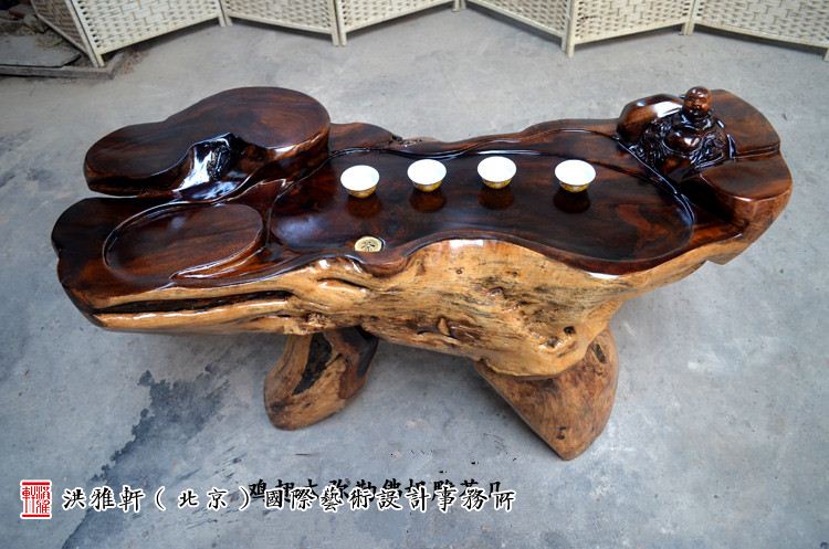 鸡翅木根雕茶台翻新完工,实木树根雕茶几