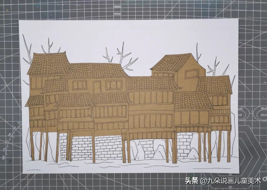 简单好看的手绘墙画儿童,创意儿童画苗族吊脚楼