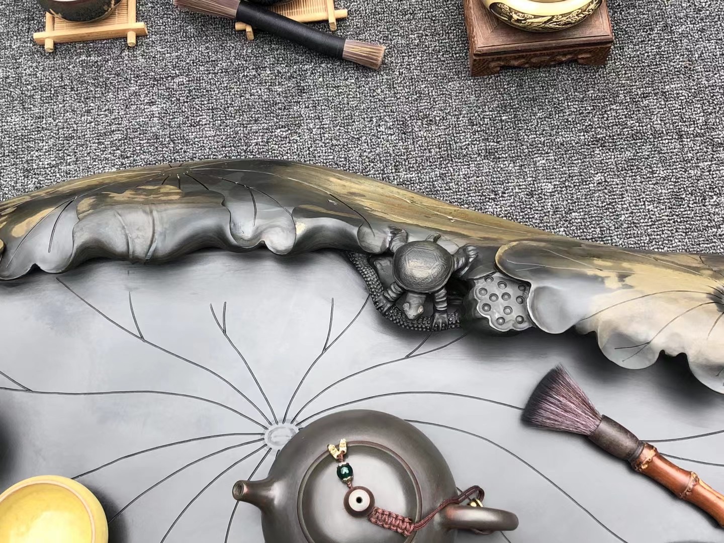 石头茶盘雕刻设计图片欣赏,大理石荷叶茶台雕刻