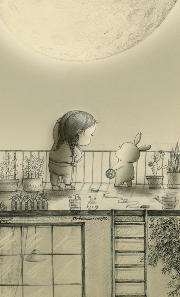 少女与兔子插画,兔子手绘创意插画