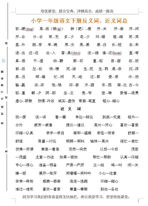 一年级上册语文反义词归纳人教版,小学一年级语文下册反义词
