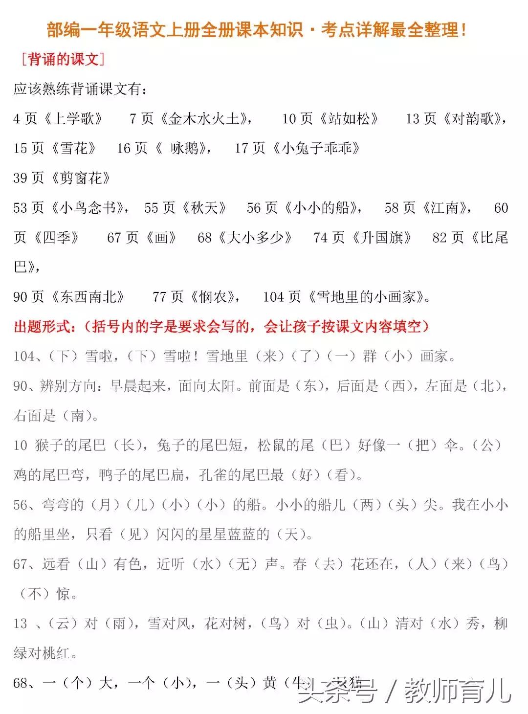 一年级语文上册知识点归纳整理,一年级语文复习知识点总结