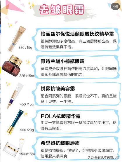 眼霜大全100种,眼霜热门功效测评图表大全