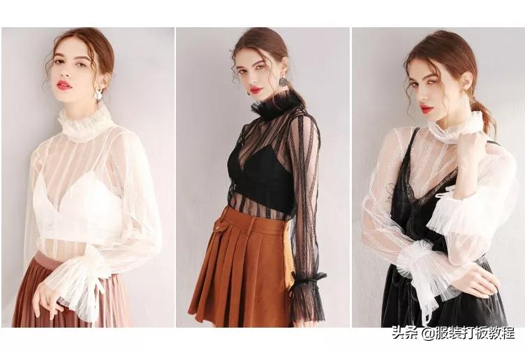 蕾丝半高领网纱打底衫制作,蕾丝高领拼接打底衫制作教程