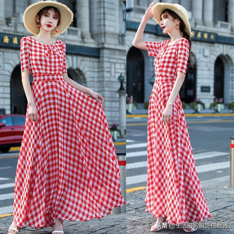 修身雪纺连衣长裙显出身材线条感,文艺范气质连衣长裙收腰显瘦