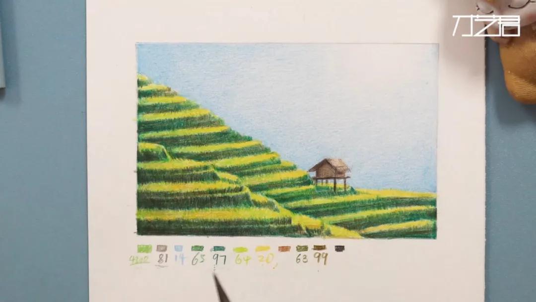 梯田彩铅风景画,彩铅田园风景画步骤教程