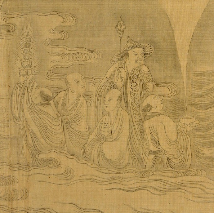 清代仿李公麟的白描长卷十八罗汉图，虽是仿作但还有些原作的风貌