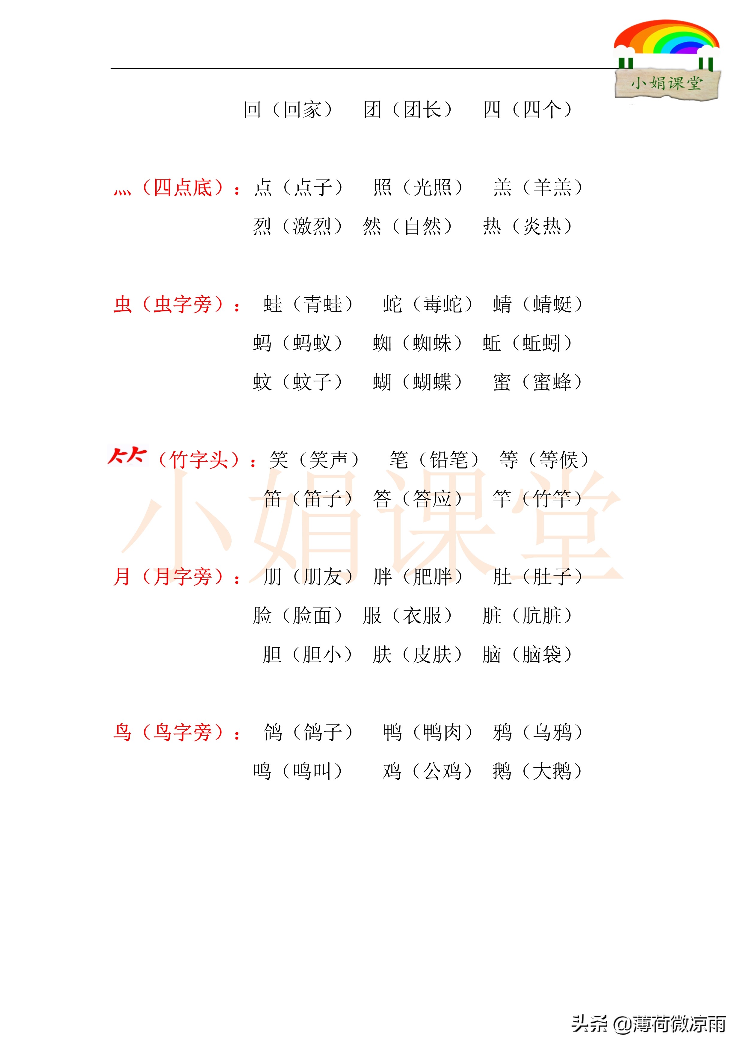 一年级同类偏旁的常见汉字,一年级语文带有偏旁的字有哪些