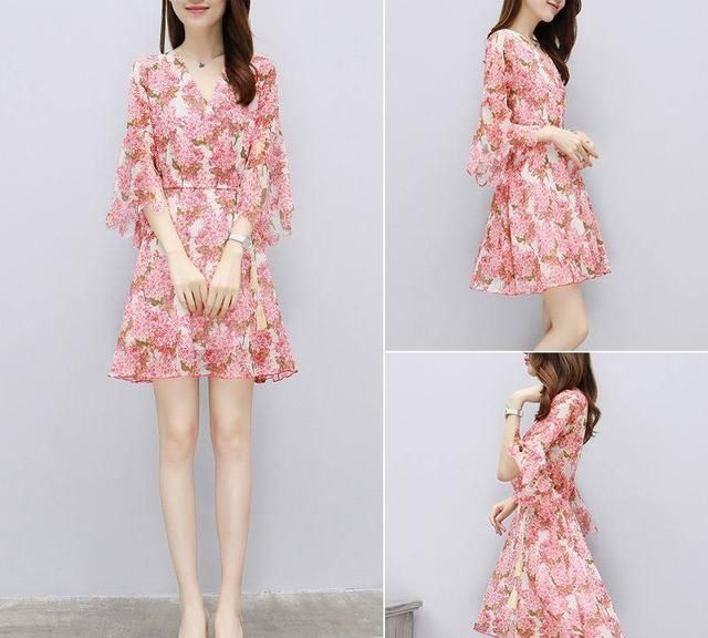 宽松气质印花连衣裙洋气时尚减龄,时尚印花长款大摆雪纺高档连衣裙