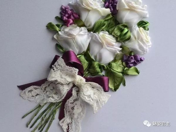 丝带绣盘结玫瑰花绣法图解,丝带绣图案教程牡丹