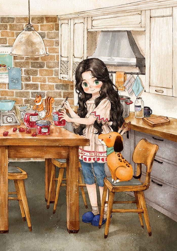 韩国插画师森林女孩日记图文,水彩插画森林女孩日记