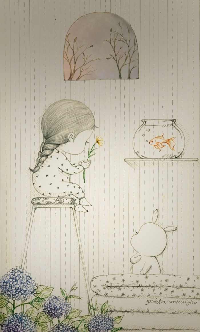 少女与兔子插画,兔子手绘创意插画