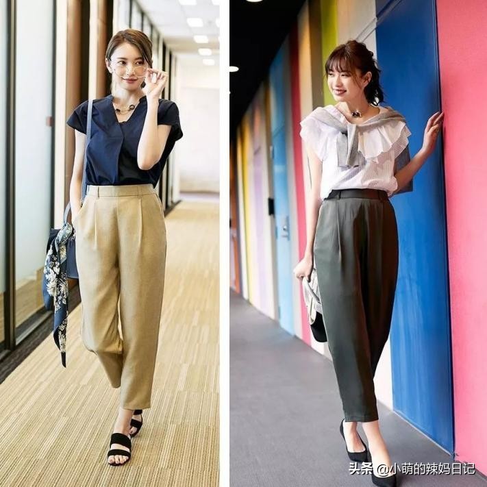西装小脚直筒裤雪纺衫春夏,紧身裤搭配露肩衫洋气还清新减龄