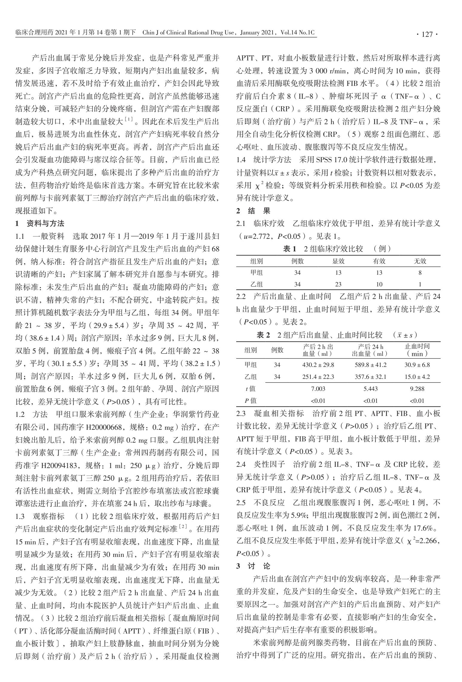 米索前列醇与卡前列素氨丁三醇治疗剖宫产产后出血临床疗效的比较