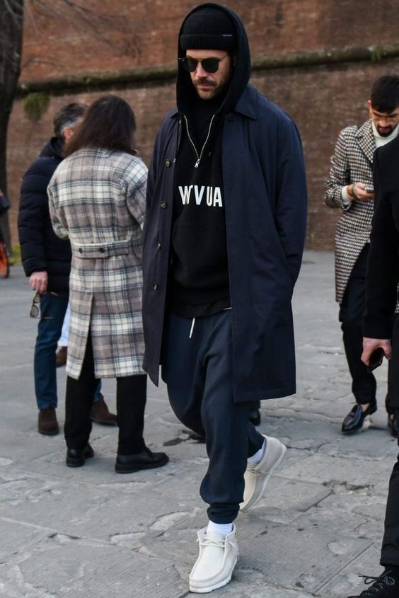 咖色大衣搭配什么颜色连帽卫衣,黑色风衣内搭带帽卫衣搭配