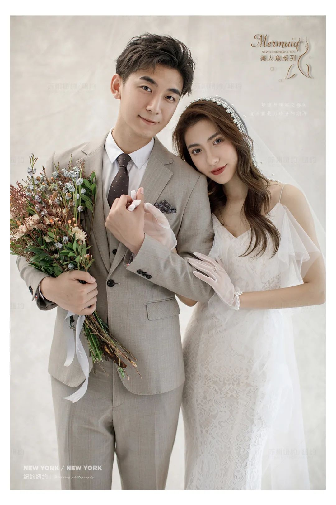 白色蝴蝶结油画婚纱照,森系油画风格婚纱照不戴帽子戴花