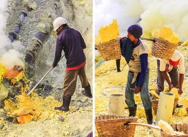 在印尼采硫磺视频,印尼活火山采集硫磺