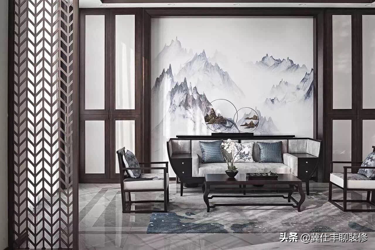 新中式沙发背景墙壁画图片大全,新中式沙发背景墙壁布简约效果图