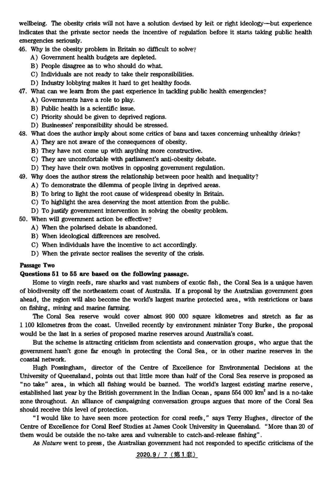 2020年9月六级听力答案,2020年英语六级听力原文及答案