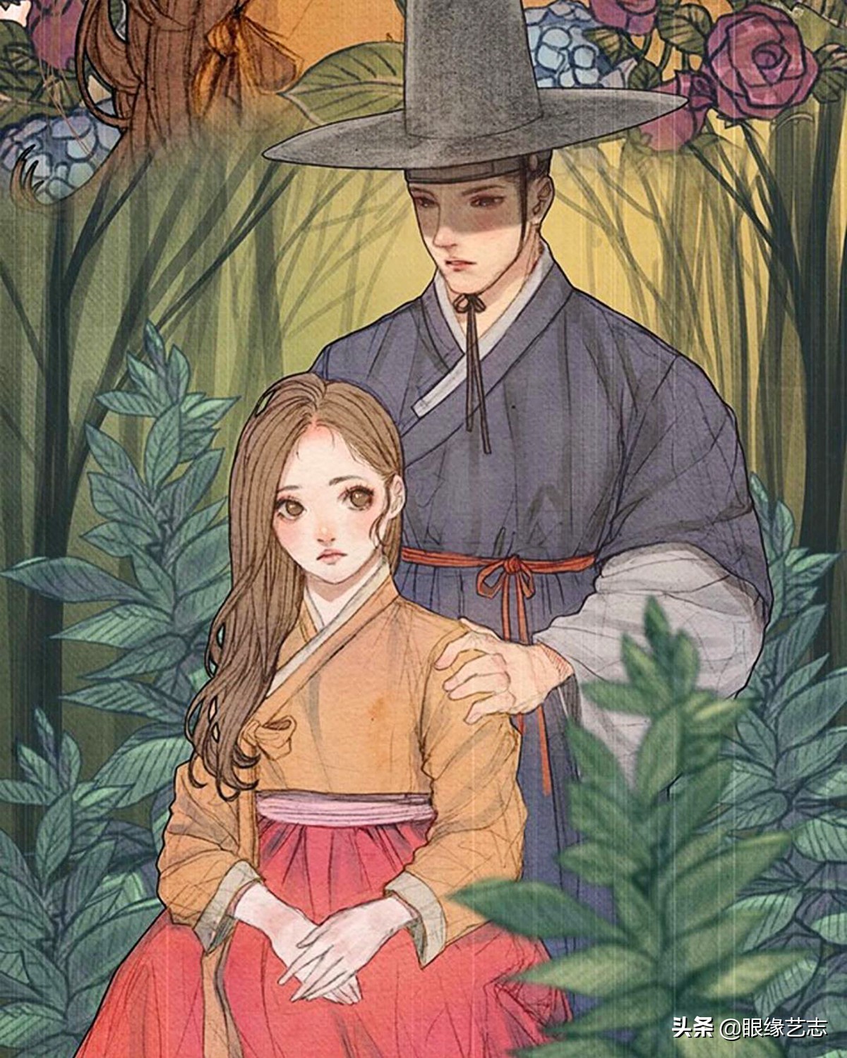 韩式穆夏风插画,韩国传统服饰插画