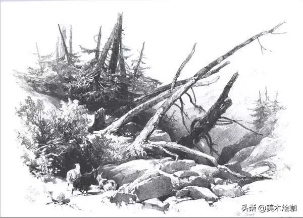 素描风景临摹高清大图简单范本,有山有水有倒影的素描风景图