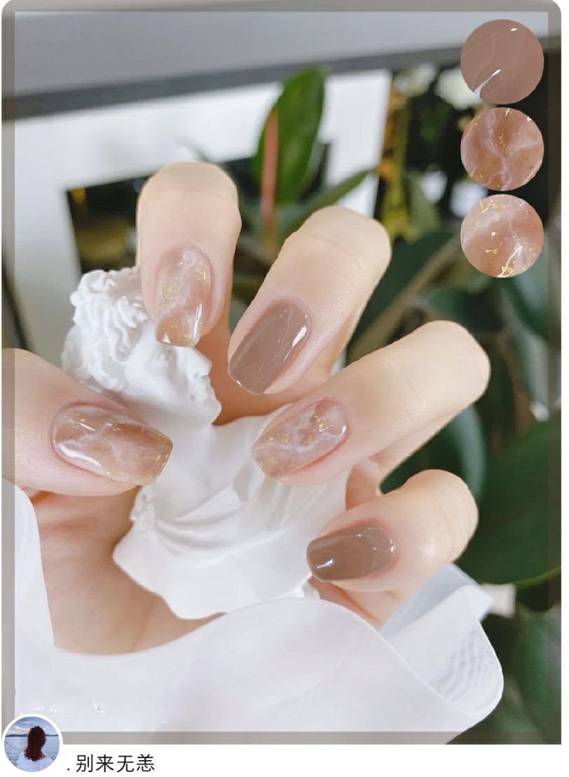 简单的透明奶茶美甲,果汁泡泡美甲