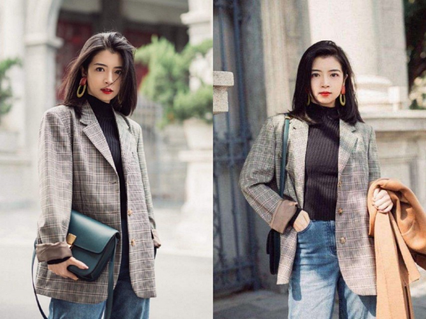 复古格纹西装搭配冬季,三木博主穿西装搭配图