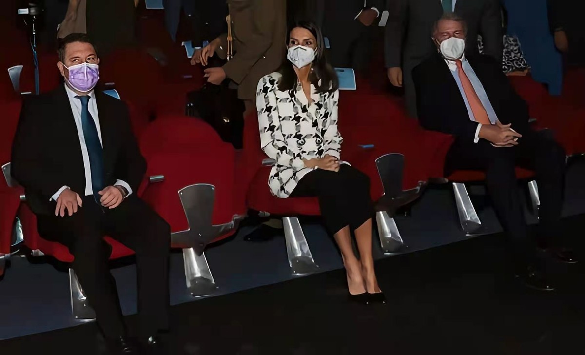 西班牙王后白色小西装配蓝色伞裙,西班牙王后穿黑条西装