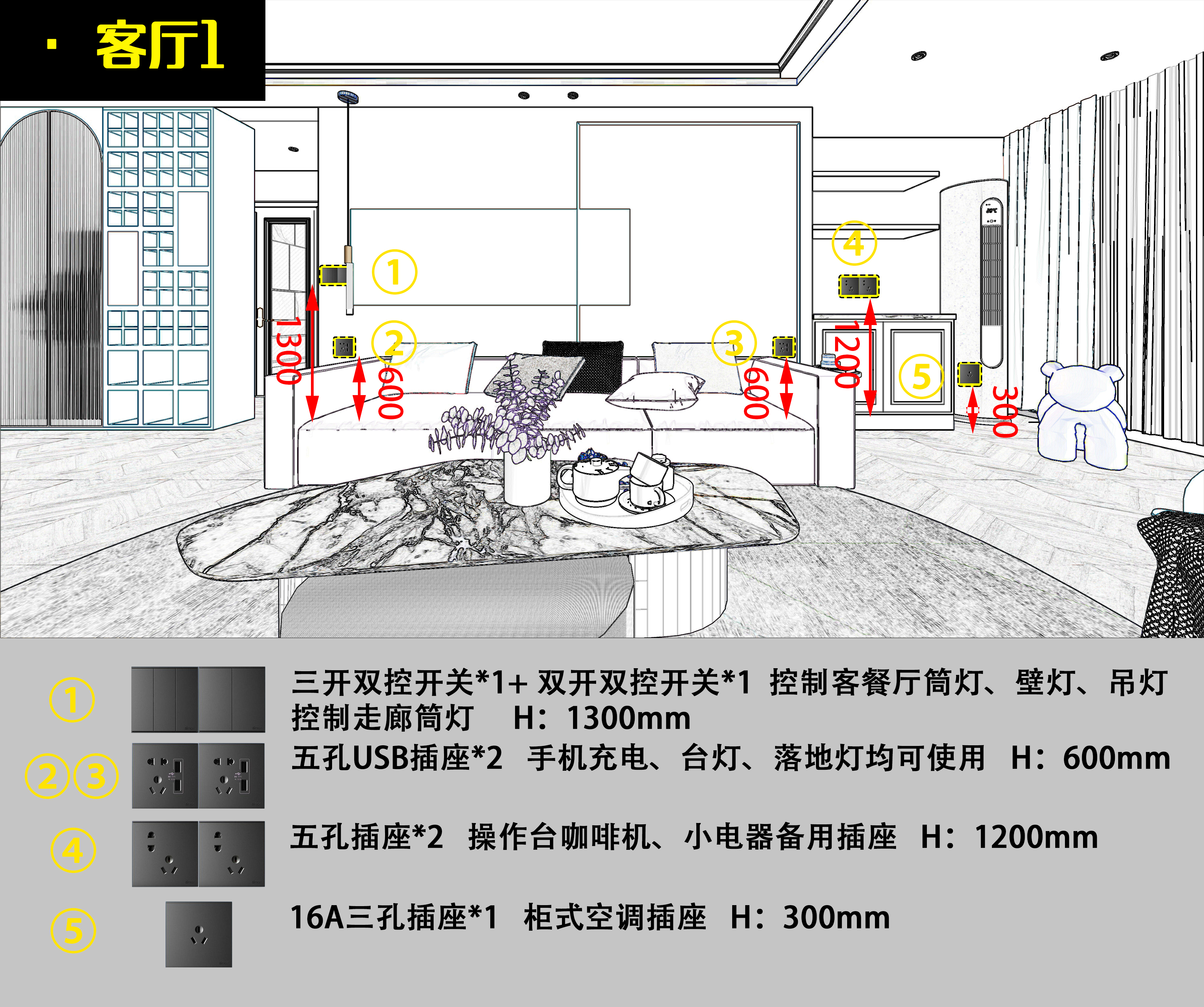 全屋开关插座尺寸布局图,开关插座入口不漏线