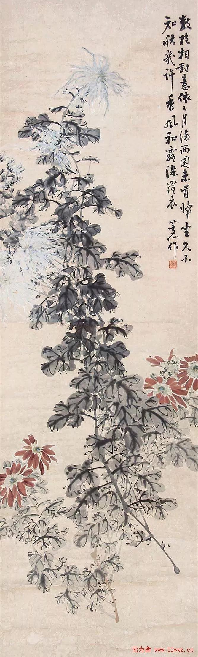 国画写意菊花精品100幅,吴昌硕的写意菊花高雅古朴之大美