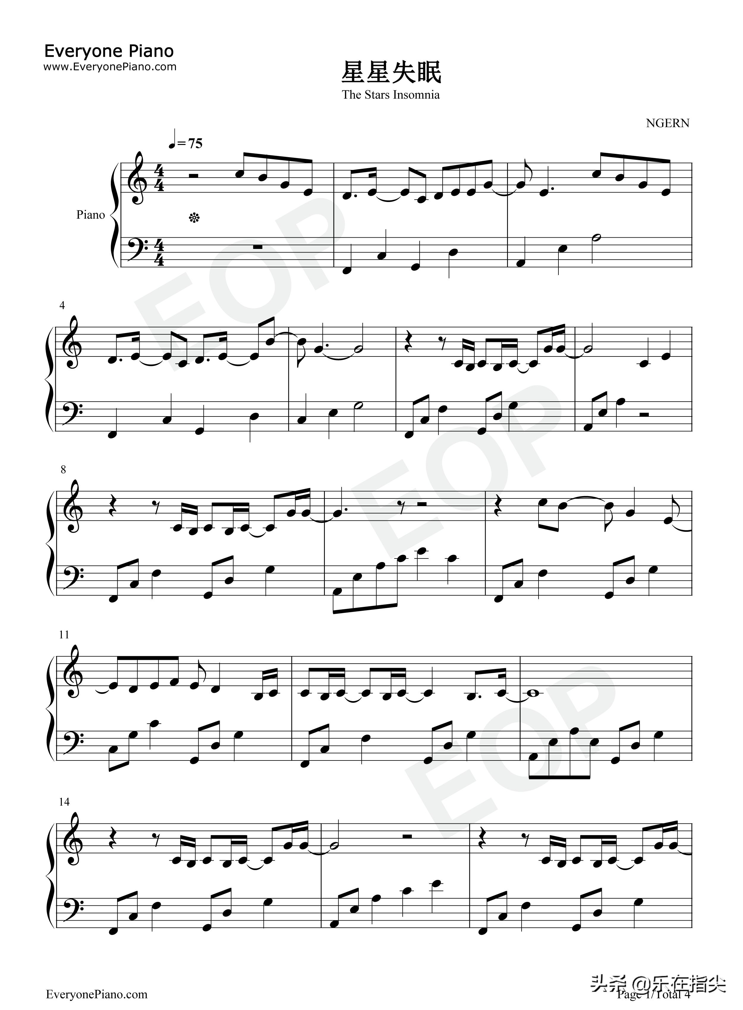 星星失眠钢琴五线谱完整版图片,星星失眠完整版钢琴简谱