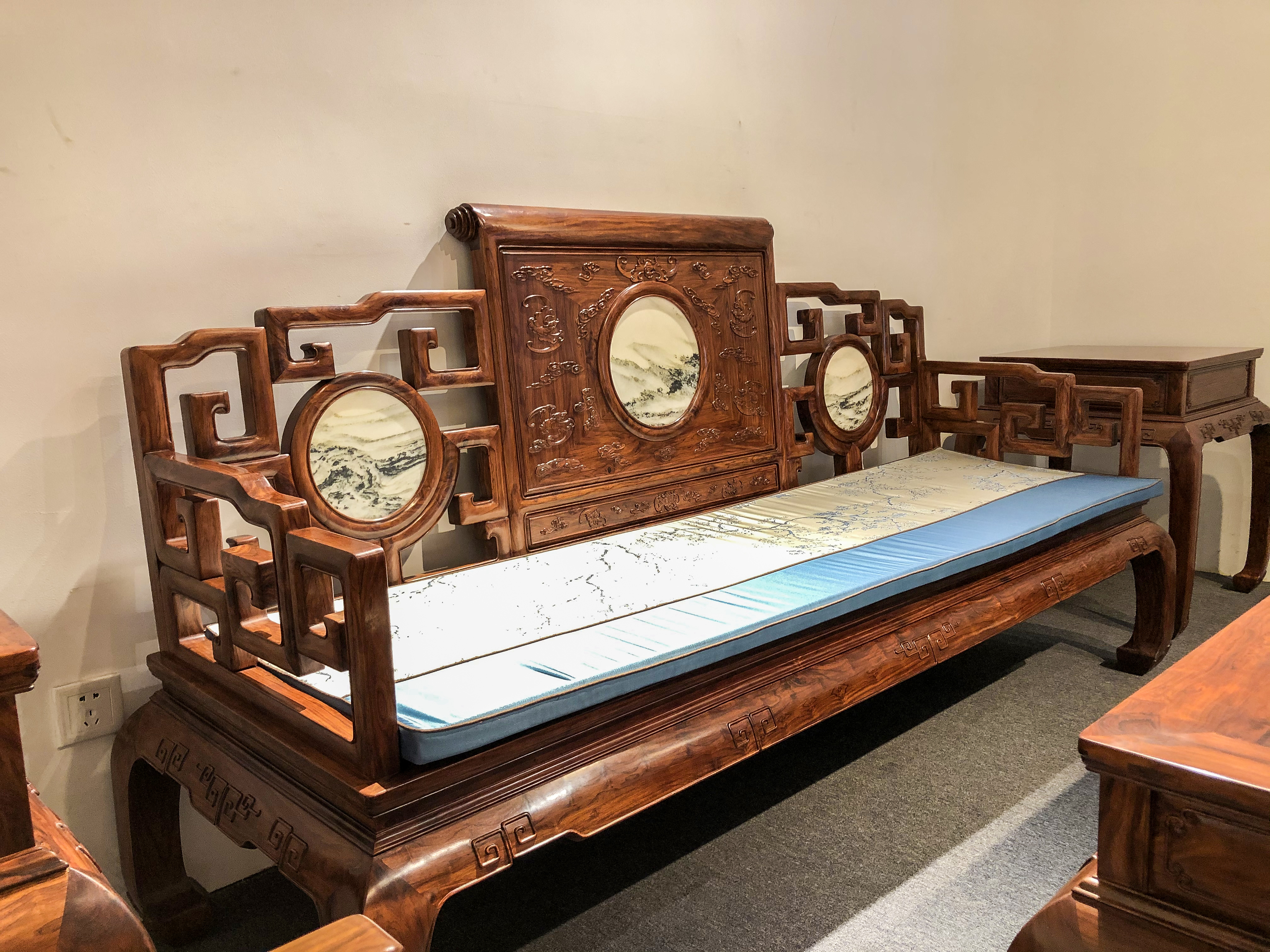 精品黄花梨云石沙发十二件套,海南黄花梨雕刻红木沙发