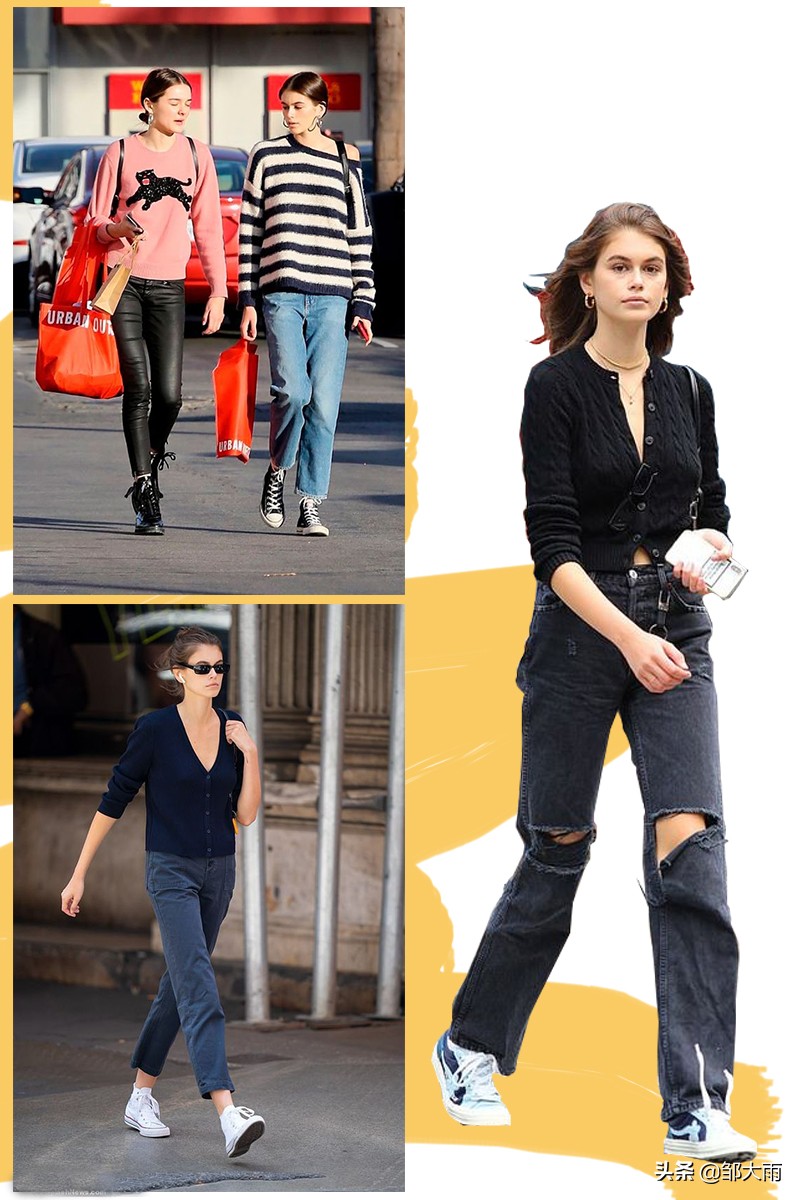 kaia匡威鞋街拍,黑色匡威黑色裤子穿搭