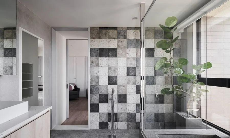 4平米卫生间瓷砖600*1200直贴效果,卫生间400*800深灰色瓷砖腰线效果