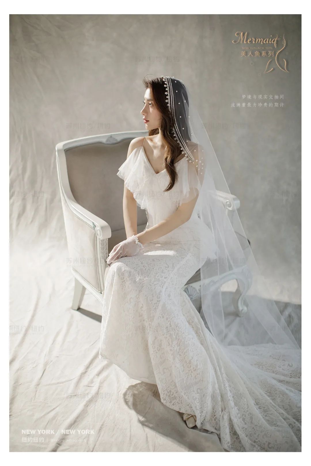 白色蝴蝶结油画婚纱照,森系油画风格婚纱照不戴帽子戴花