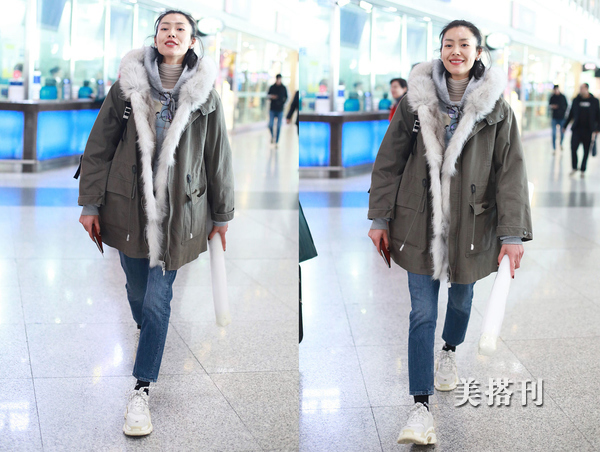 变身乖乖女！刘雯时装周归来，皮草大衣搭配牛仔裤，军工范十足
