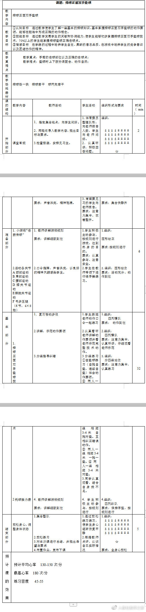 初中正面双手垫球教案,七年级排球正面双手垫球教案