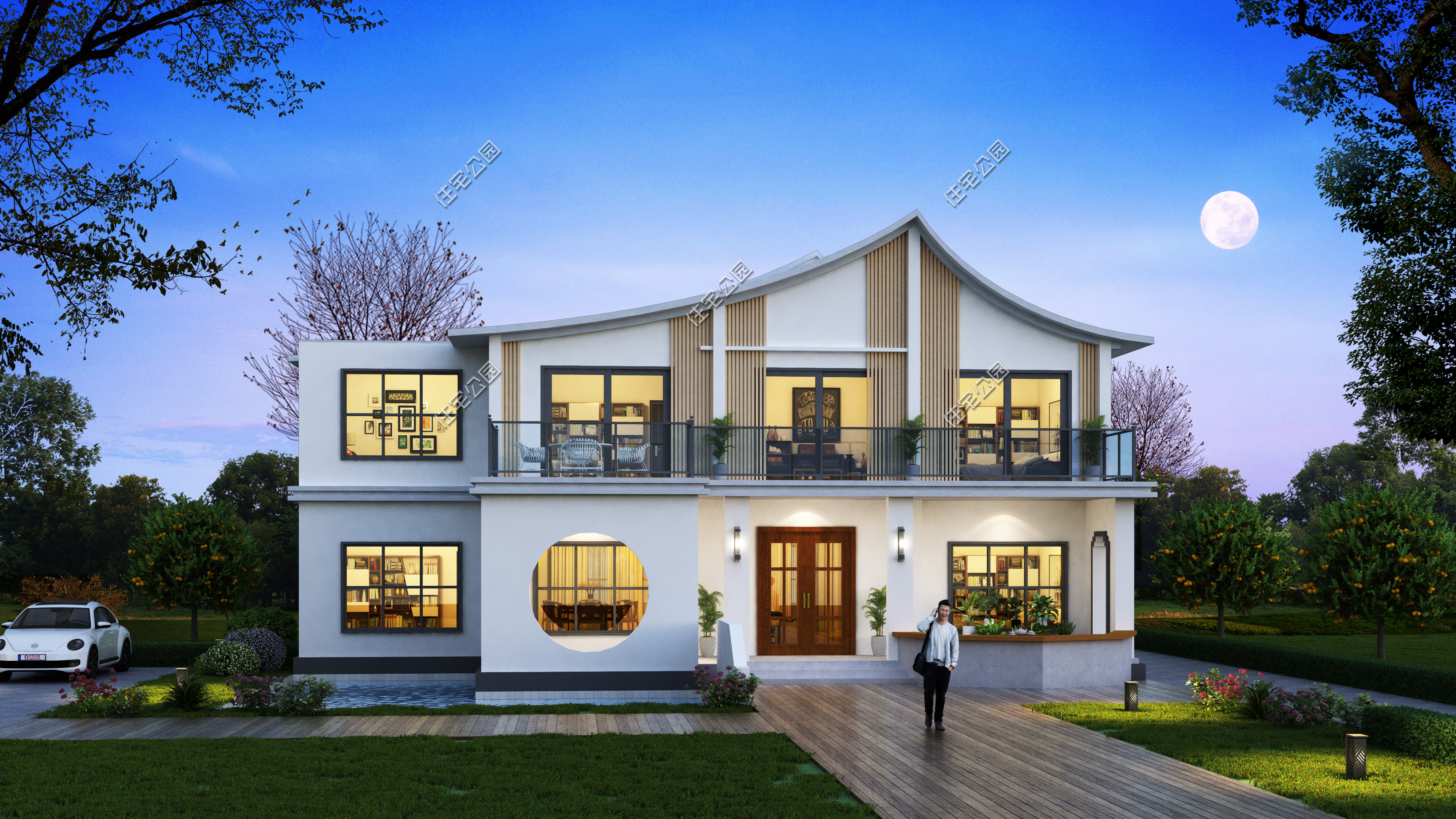 免费分享1000款自建房布局图,三层半现代别墅带落地窗设计图