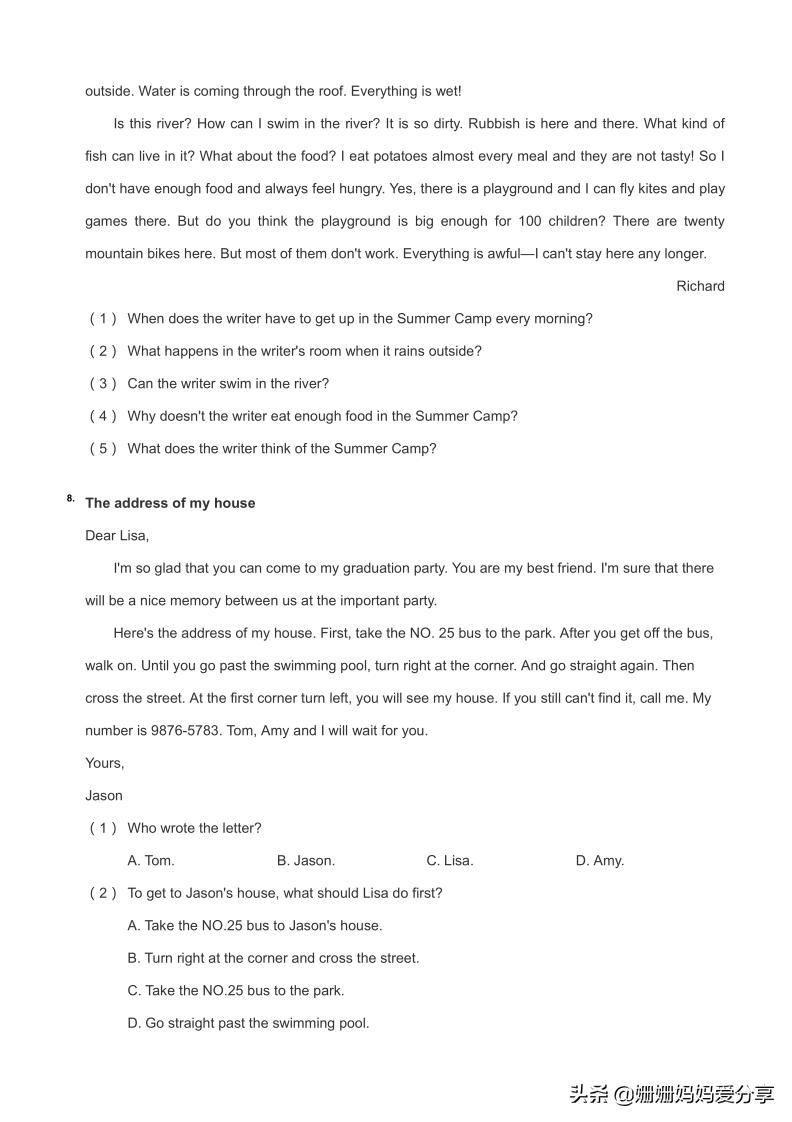 小学英语阅读理解练习题简短,小学英语阅读理解带翻译20篇