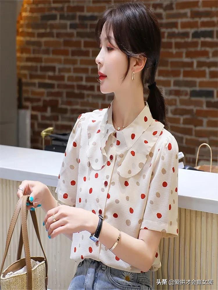 波点短袖衬衫飘带女款2022款时尚,雪纺衬衫女春季新款韩版宽松显瘦