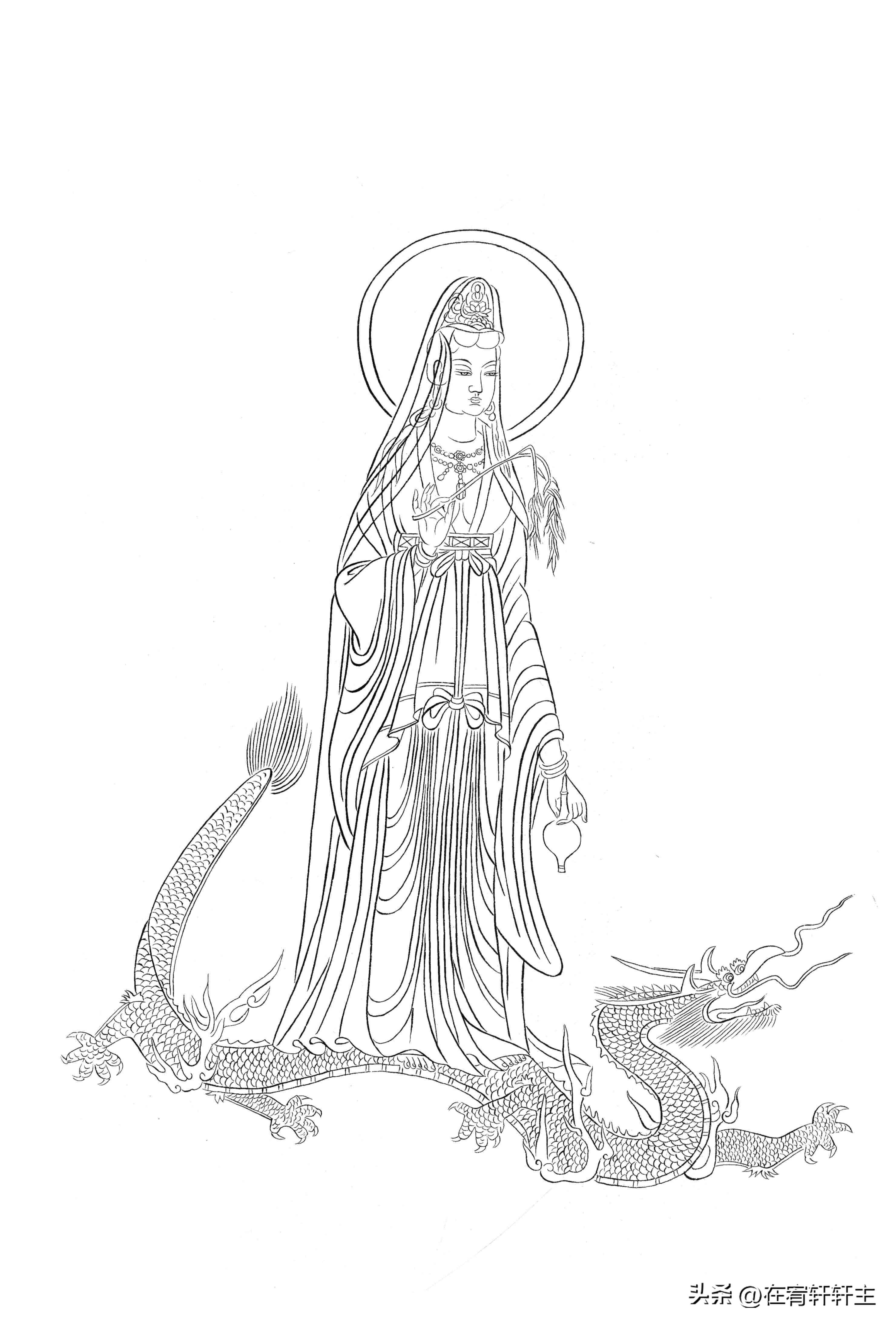 工笔白描观音苏柏斗,工笔画国画白描观音