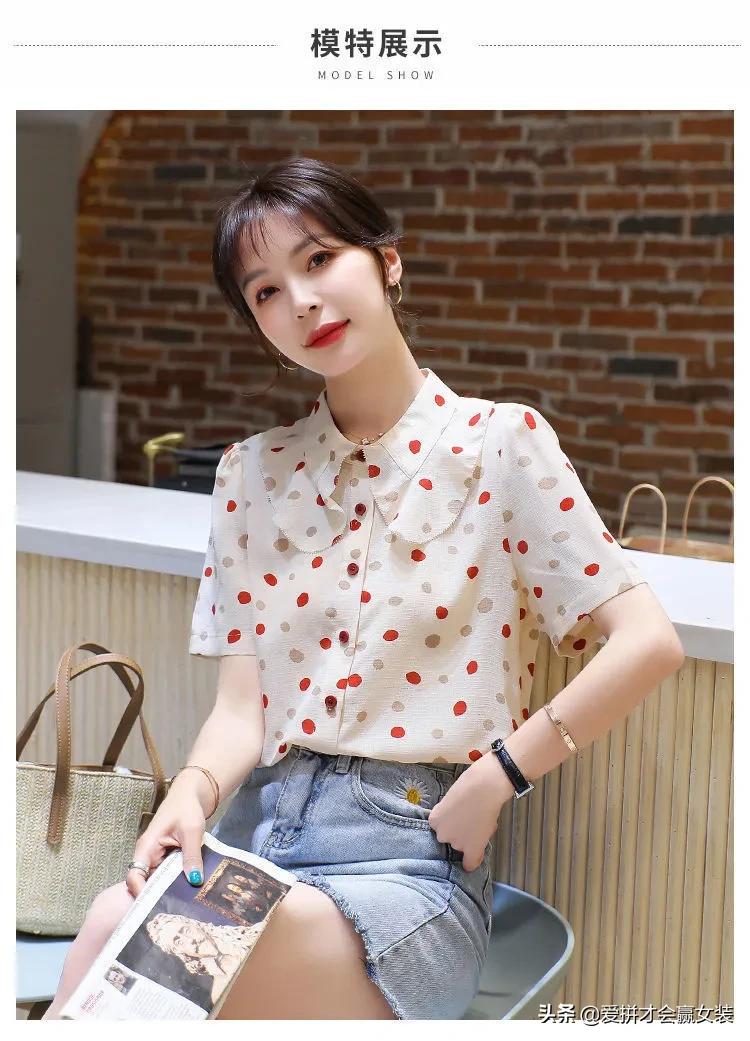 波点短袖衬衫飘带女款2022款时尚,雪纺衬衫女春季新款韩版宽松显瘦